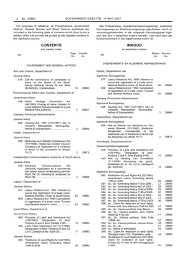 CONTENTS INHOUD and Weekly Index En Weeklikse Indeks Page Gazette Bladsy Koerant No