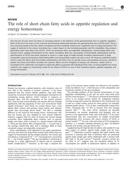 The Role of Short Chain Fatty Acids in Appetite Regulation and Energy Homeostasis