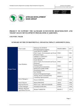 Niger Valley Development Programme Summary of the Updated Environmental and Social Impact Assessment