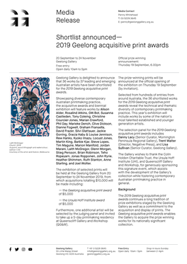 Shortlist Announced— 2019 Geelong Acquisitive Print Awards