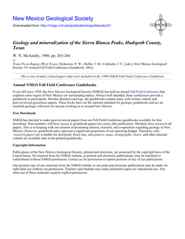 Geology and Mineralization of the Sierra Blanca Peaks, Hudspeth County, Texas W