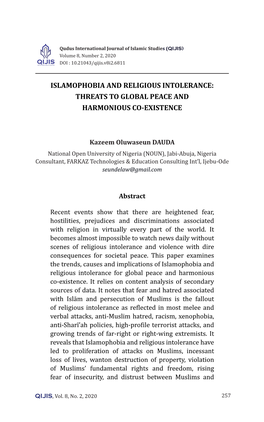 Islamophobia and Religious Intolerance: Threats to Global Peace and Harmonious Co-Existence