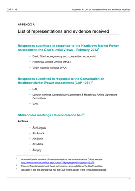 Appendix A: List of Representations and Evidence Received