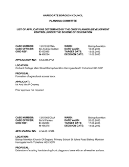 Harrogate Borough Council Planning Committee List Of