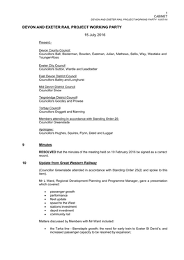 Minutes Document for Devon and Exeter Rail Project Working Party, 15/07/2016 14:00