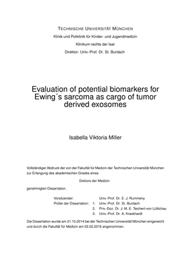 Evaluation of Potential Biomarkers for Ewing´S Sarcoma As Cargo of Tumor Derived Exosomes