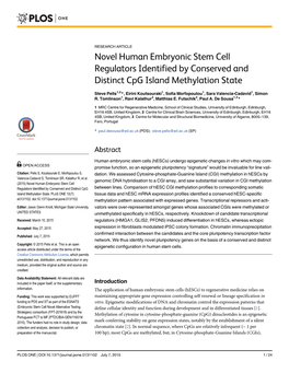 Novel Human Embryonic Stem Cell Regulators Identified by Conserved and Distinct Cpg Island Methylation State