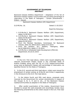 Adaptation of the List of Backward Classes Castes/ Comm