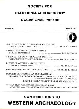 Contributions to Western Archaeology Occasional Papers of the Society for California Archaeology