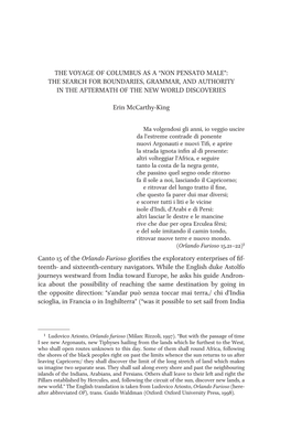 The Voyage of Columbus As a “Non Pensato Male”: the Search for Boundaries, Grammar, and Authority in the Aftermath of the New World Discoveries