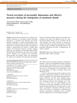 Neural Correlates of Personality Dimensions and Affective Measures During the Anticipation of Emotional Stimuli