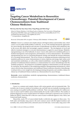 Targeting Cancer Metabolism to Resensitize Chemotherapy: Potential Development of Cancer Chemosensitizers from Traditional Chinese Medicines
