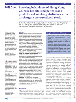 Smoking Behaviours of Hong Kong Chinese Hospitalised Patients and Predictors of Smoking Abstinence After Discharge: a Cross-Sectional Study