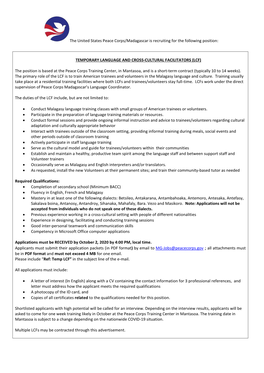 The United States Peace Corps/Madagascar Is Recruiting for the Following Position