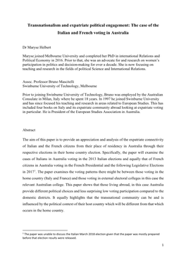 Transnationalism and Expatriate Political Engagement: the Case of the Italian and French Voting in Australia