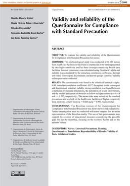 Validity and Reliability of the Questionnaire for Compliance with Standard Precaution for Nurses