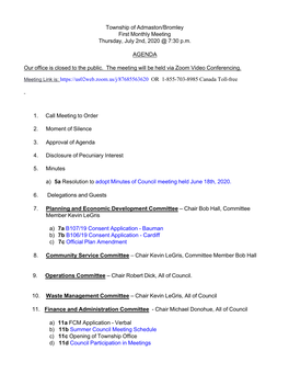 Township of Admaston/Bromley First Monthly Meeting Thursday, July 2Nd, 2020 @ 7:30 P.M