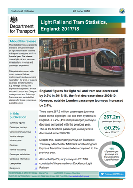 Light Rail and Tram Statistics, England: 2017/18