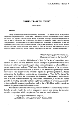 UDK 821.111.09-1 Larkin P. on PHILIP LARKIN's POETRY J.Ason