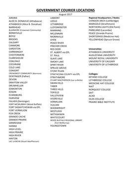 GOVERNMENT COURIER LOCATIONS August 2017 AIRDRIE LAMONT Regional Headquarters / Nodes ALICE B