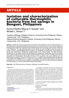 Isolation and Characterization of Culturable Thermophilic Bacteria from Hot Springs in Benguet, Philippines Socorro Martha Meg-Ay V