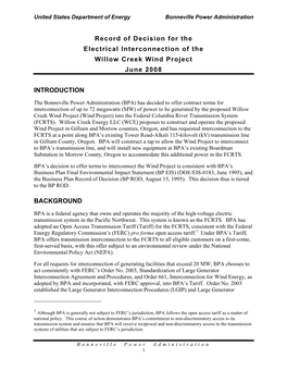 Record of Decision for the Electrical Interconnection of the Willow Creek Wind Project June 2008