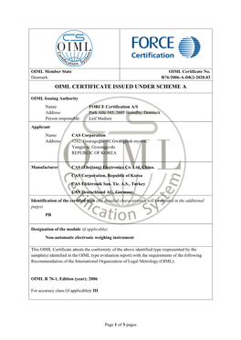 Oiml Certificate Issued Under Scheme A
