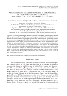 Applicability of Coloured Traps for the Monitoring of the Invasive Zigzag Elm Sawfly, Aproceros Leucopoda (Hymenoptera: Argidae)