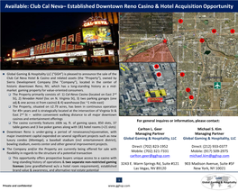 Club Cal Neva– Established Downtown Reno Casino & Hotel Acquisition Opportunity