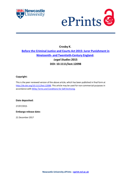 Crosby K. Before the Criminal Justice and Courts Act 2015: Juror Punishment in Nineteenth- and Twentieth-Century England. Legal Studies 2015 DOI: 10.1111/Lest.12098