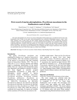 First Record of Marine Phytoplankton, Picochlorum Maculatum in the Southeastern Coast of India