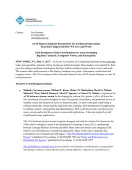 ACM Honors Eminent Researchers for Technical Innovations That Have Improved How We Live and Work 2016 Recipients Made Contribu