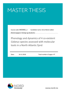 Calanus Species Assessed with Molecular Tools in a North Atlantic Fjord