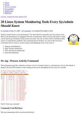 20 Linux System Monitoring Tools Every Sysadmin Should Know by Nixcraft on June 27, 2009 · 315 Comments · Last Updated November 6, 2012