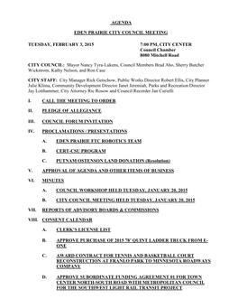 Agenda Eden Prairie City Council Meeting Tuesday