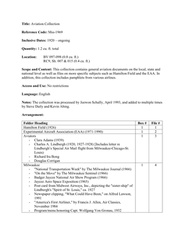 Title: Aviation Collection Reference Code: Mss-1969 Inclusive Dates