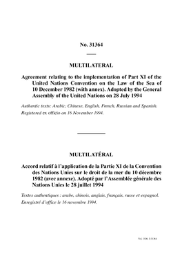 No. 31364 MULTILATERAL Agreement Relating to The