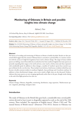 Monitoring of Odonata in Britain and Possible Insights Into Climate Change