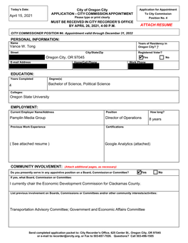 ATTACH RESUME PERSONAL INFORMATION: Vance W. Tong