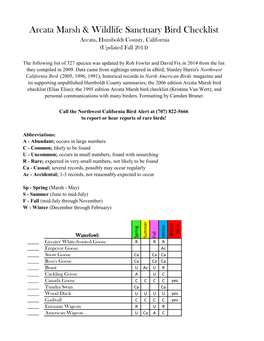 Arcata Marsh & Wildlife Sanctuary Bird Checklist