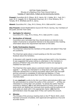 Minutes Town Council Meeting 2Nd April 2019