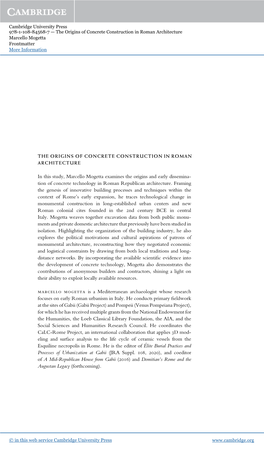 In This Study, Marcello Mogetta Examines the Origins and Early Dissemina- Tion of Concrete Technology in Roman Republican Architecture