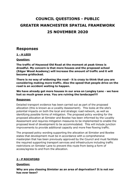 Council Questions - Public Greater Manchester Spatial Framework 25 November 2020