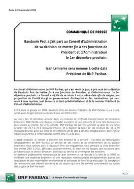 COMMUNIQUE DE PRESSE Baudouin Prot a Fait Part Au Conseil