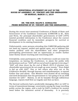 Ministerial Statement on Liat in the House of Assembly, St