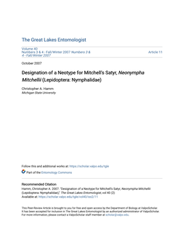 Designation of a Neotype for Mitchellâ•Žs Satyr, Neonympha Mitchellii