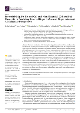 Essential (Mg, Fe, Zn and Cu) and Non-Essential (Cd and Pb) Elements in Predatory Insects (Vespa Crabro and Vespa Velutina): a Molecular Perspective