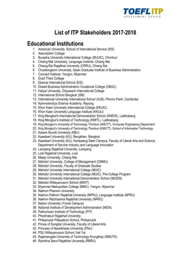 List of ITP Stakeholders 2017-2018 Educational Institutions