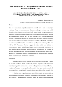 Casamento, Família E Compadrio Do Outro Lado Do Atlântico: Um Estudo De Caso Sobre a Comunidade Imigrante Italiana Em Franca-Sp