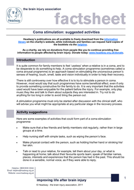 Coma Stimulation: Suggested Activities